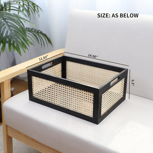 Black Wooden Rattan Storage Basket for Organizing, 14.96"x11.02"x6.30"