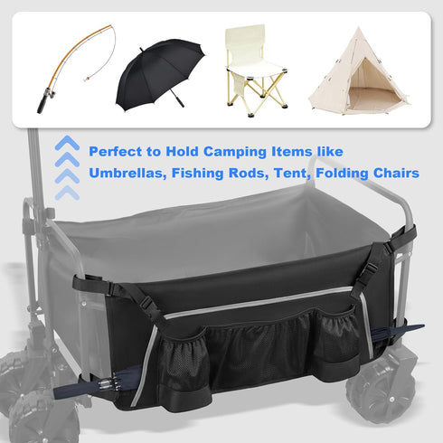 Collapsible Wagon Side Pocket with Reflective Strip, Folding Wagon Cart Storage Bag with Mesh Pouch for Umbrella