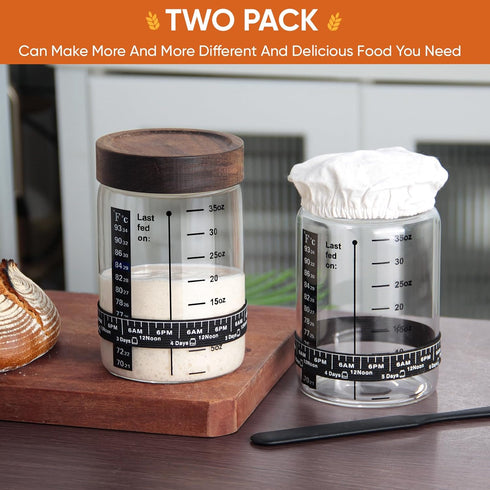 77L 35 oz 2 Pack Sourdough Starter Jar, Sourdough Starter Kit with Date Marker Feeding Band, Thermometer, Food-Grade