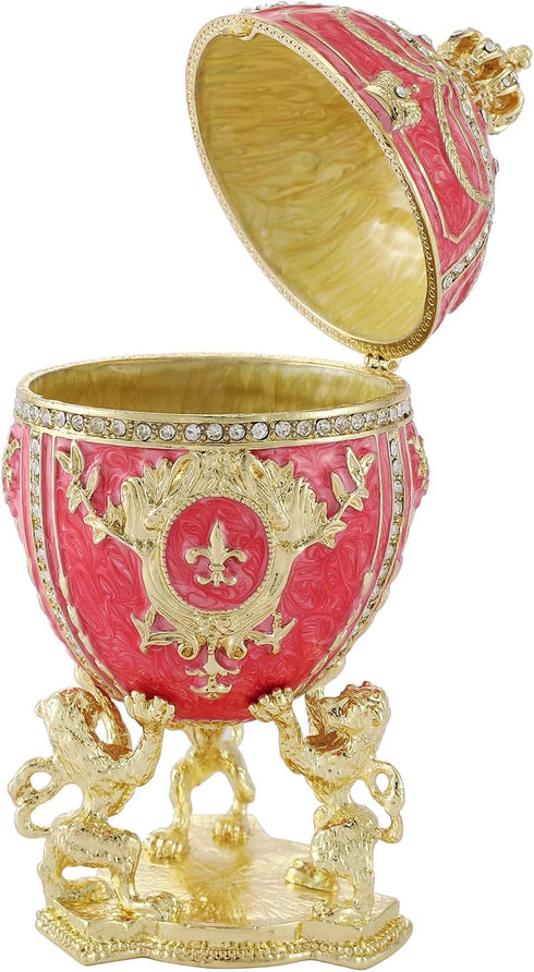 Family(QF2049) QIFU Hand Painted Pink Big Faberge Egg Style Enamel Trinket Box Hinged, Unique Gift
