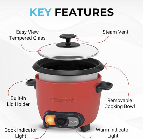 6-Cup Courant Rice Cooker (Cooked), Removable Non-Stick Bowl, One Touch Rice Cooker, Red