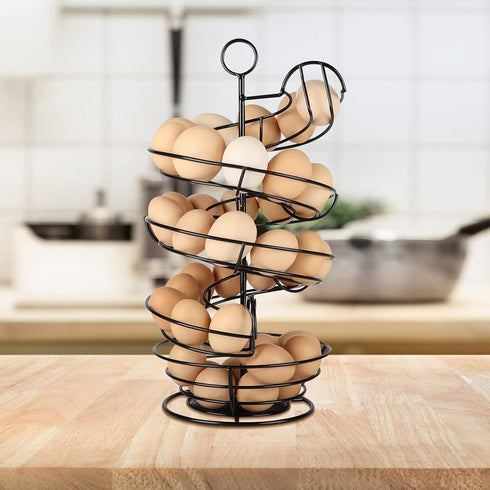 Countertop, QUTREY Black Metal Egg Holder Fresh Egg Skelter, Spiral Design Egg Dispenser Rack with Storage Basket