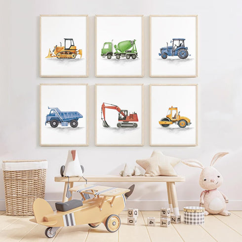 Joocrise Set 6 8x10 Inch Boys Truck Wall Art of Truck Vehicle Canvas Wall Decor Toddler Construction Wall Art