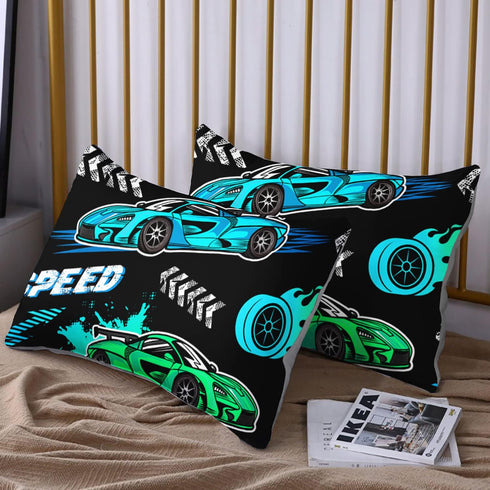 Set 2 Sets. HOSIMA Cartoon Sports Car Bedding - Queen Size, Fast and Furious Racing Car Pattern with Pillowcases, Black