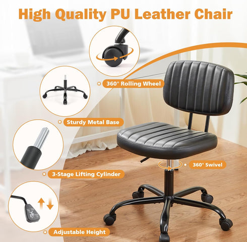 Armless Sweetcrispy Small Office Desk Chair - PU Leather with Comfy Lumbar Support, Height Adjustable Rolling Swivel