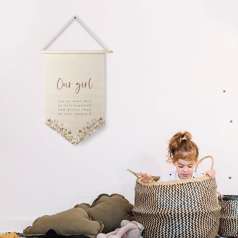 Qpenm Girls Room Decor, Our Girl You are More Than Our Expected Hanging Wall Canvas Banner, Boho Nursery Hanging