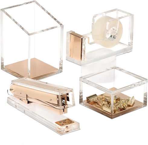 OfficeGoods Acrylic Desk Organizer – Elegant Odds & Ends Box with Gold Base for Home, Office, Kitchen, Bathroom - Small