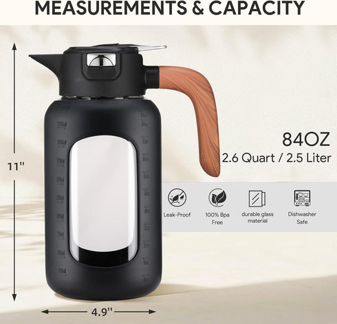 84 oz/2.5 Liter Glass Pitcher with Lid and Handle, Glass Carafe/Jug for Hot/Cold Water, Large Iced Tea Pitcher