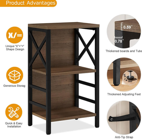 Small Bookcase, 3 Tier Industrial Short Bookshelf with Metal Frame, Rustic Brown Low Bookshelf for Small Spaces
