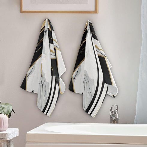 KENADVI Set 2 14"x28" Black and White Hand Towels for Bathroom of Soft Absorbent Marble Gold Texture Stone Abstract