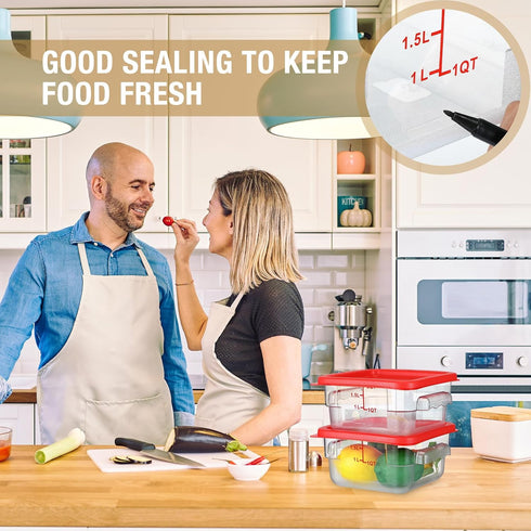 Suclain 2 Pcs Square Food Storage Container, Polycarbonate Clear with Red Lid, Commercial Kitchen Storage, 7.87 x 3.94