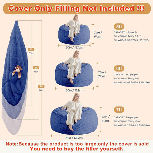 5FT, Bean Bag Cover (No Filler), Faux Fur Beanbag Chairs Covers Only, Stuffed Animal Storage Bean Bag, Big Giant