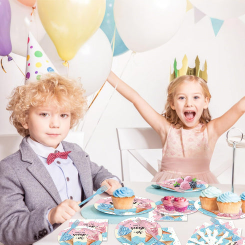 96PCS Set 24 Whats The Scoop Plates and Napkins Party Supplies Whats The Scoop Gender Reveal Decorations Ice Cream