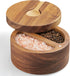 OUTNILI 2-Compartment Acacia Salt Box with Lid and Spoon, Salt Cellar with Swivel