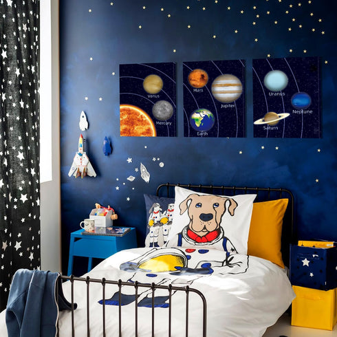 Set 3 (12X16inch) KAIRNE Boys Space Room Decor Framed Outer Space Wall Art of Kids Picture Planets Pictures Solar