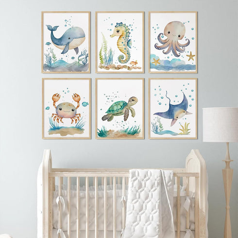 Joocrise Set 6 8x10 Inch Nursery Sea Animal Wall Decor of Ocean Watercolor Canvas Wall Art Baby Boys Room Wall Art
