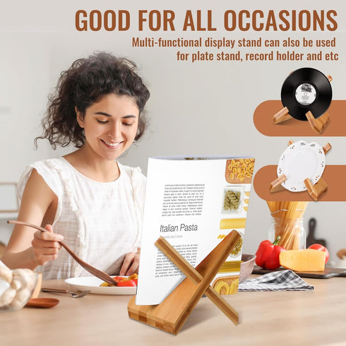 Bamboo Cookbook Stand for Kitchen, Rustic Wooden Recipe Book Holder for Kitchen Counter (Natural Yellow)