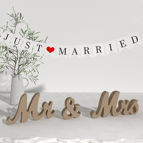 VIOPVERY Mr and Mrs Sign & Just Married Banner, Large Wooden Letters for Wedding Table, Photo Props for Anniversary
