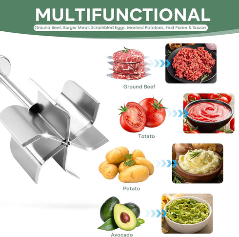 UDFLK 6-Curve Blades Stainless Steel Meat Chopper & Masher - Heavy Duty Ground Beef Chopper with Ergonomic Wood Handle