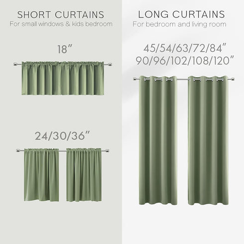 KOUFALL Green Curtains for Kitchen Window Over Sink,Thermal Short Curtains for Windows Bathroom Small Window,45 Inch Length 2 Panels Set