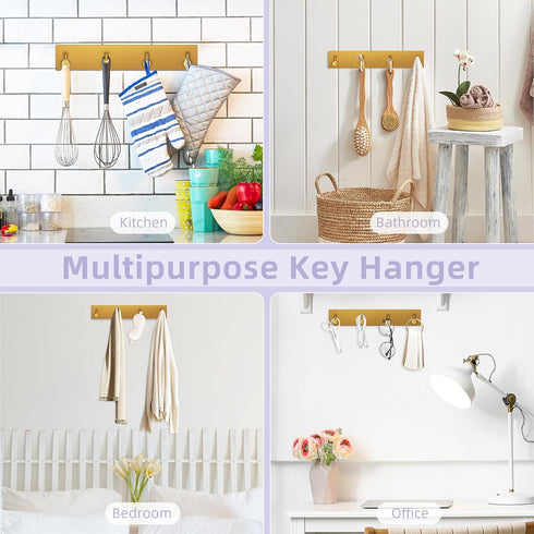 VIS'V Wall Mount Key Holder, Large Self Adhesive Metal Key Rail with 4 Hooks, Keychain Holder Gold