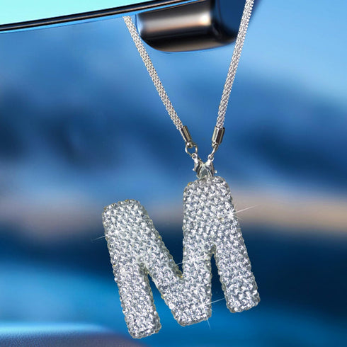 Bling Car Letter Charm, Cute Hanging Crystal Pendant Rear View Mirror Ornament, Rhinestone Women Auto Decoration (White