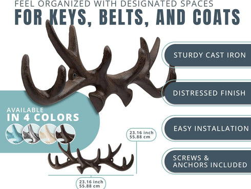 Comfify Vintage Cast Iron Deer Antlers Wall Mounted Hooks, Antique Finish, Rust Brown