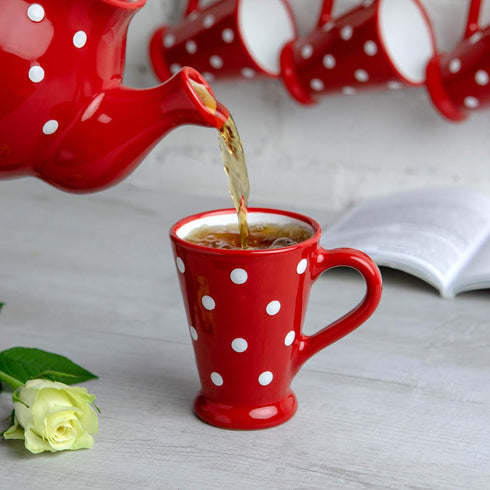 City to Cottage Handmade Red and White Polka Dot Ceramic Coffee Mug, 7 oz / 200ml, Unique Designer Pottery