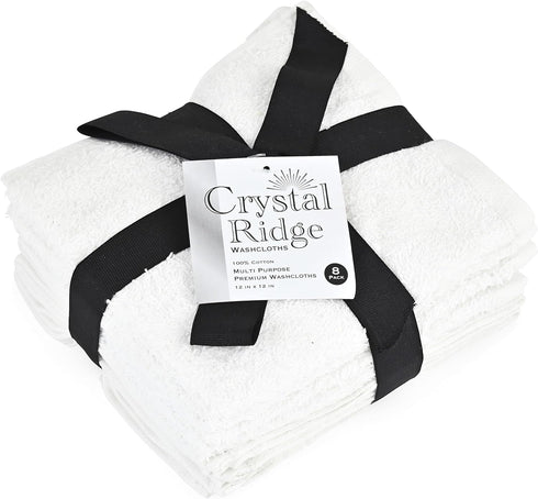 Crystal Ridge 100% 12"x12", 8 Pack, (8, Cotton Premium Wash Cloths, Soft Feel, Absorbent Multipurpose Towels