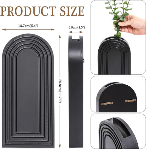 2 Pack Set Dnnnii Wooden Wall Vase - Black Finish Modern Farmhouse & Boho Wall Decor for Entryway, Hallway, Bathroom