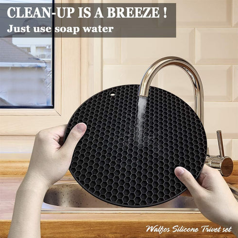 Silicone Trivet Mats, Walfos Heat Resistant Pot Holders Set, 4pcs in 7 Inch & 9 Inch for Hot Pots & Dishes (Black)