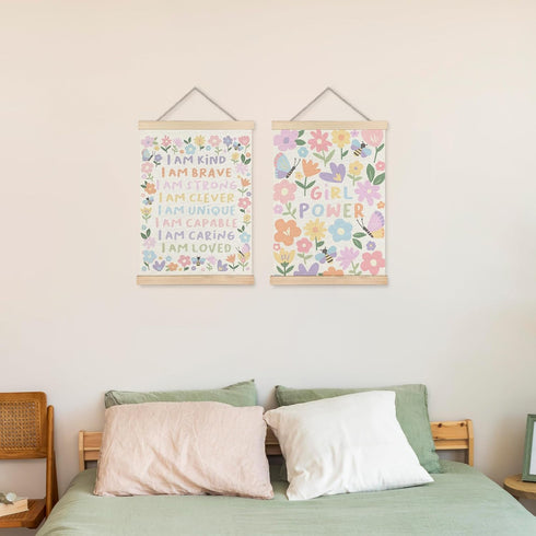 URLLUAE 12x16 Inch Set 2 Girls Room Wall Decor, Nursery Colorful Flower Girly Wall Art With Wooden Poster Hanger