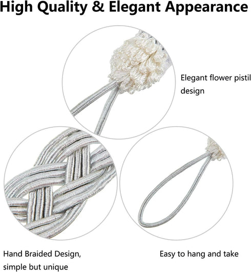 Blulu 6 Pieces Braided Curtain Tiebacks with 6 Metal Hooks for Window Curtain Accessories (Silver)