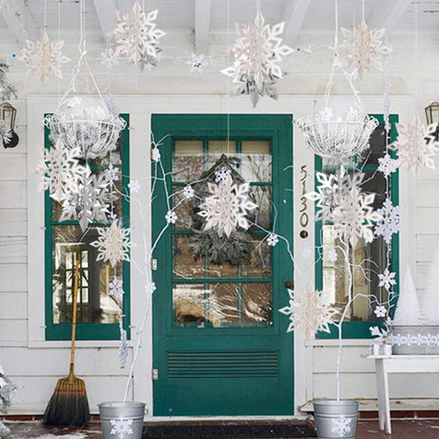 OuMuaMua Winter Christmas Hanging Snowflake Decorations, 12PCS Garland & 12PCS 3D Glittery Large White Snowflakes