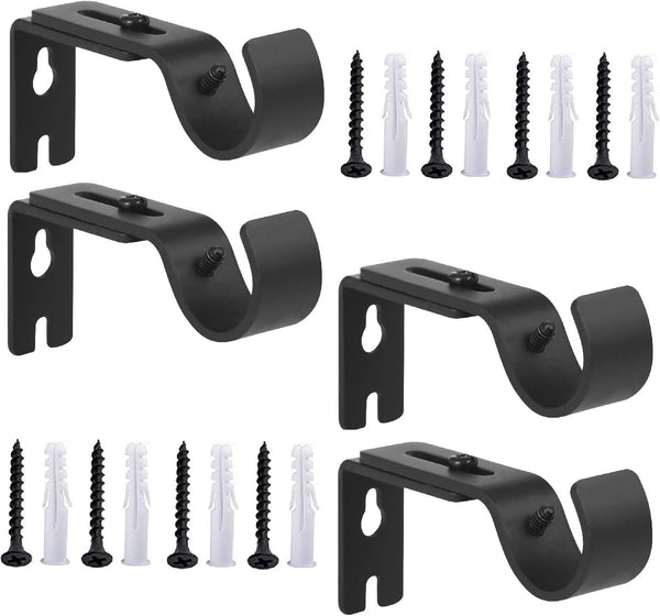 Heavy Duty Adjustable Curtain Rod Brackets, Rod Holders for 1 Inch Rod, Black Color, (Set of 4)