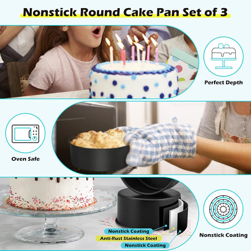 LIANYU 8 × 3 Inch Cake Pan Set of 3, Deep Round Cake Mold for Baking, Nonstick Stainless Steel Baking Pan for Cake, Cake Tin Bakeware, Black Layer Cake Pan for Birthday Wedding Party, Rust Resistant by LIANYU