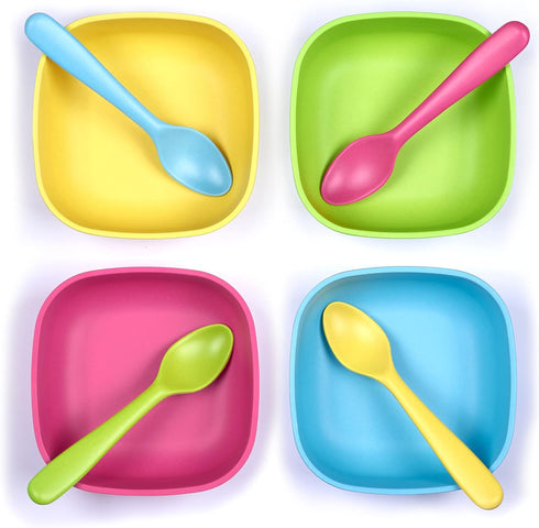Bamboo Kids Bowls, 4 Pack Set, Stackable Dinnerware for Kids, Dishwasher Safe