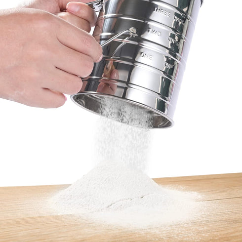 Flour Sifter, 3 Cup Stainless Steel Rotary Hand Crank for Baking Fine Mesh, Quick Sifting Tool