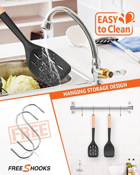 Pack of 2 Black Silicone Spatula, Non-Stick Cooking Utensil Set with Wooden Handle for Baking, Mixing, Grilling,