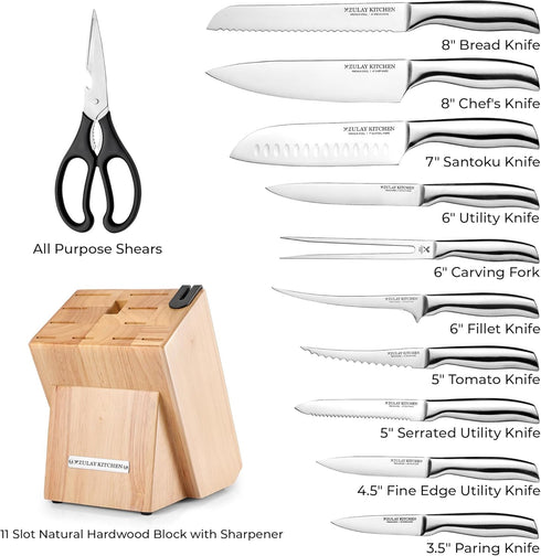 Zulay Premium Quality 12-Piece Knife Set with Natural Wood Block, Ultra Sharp Stainless Steel Knives with Sharpener