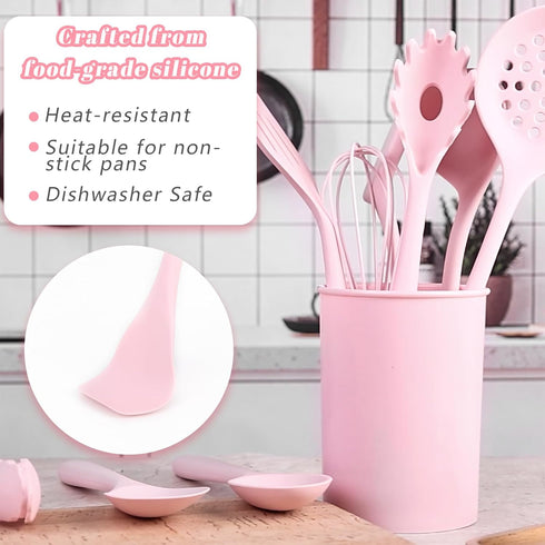LOVEINUSA 10PCS Silicone Cooking Utensils Set, Heat Resistant Gadgets Tools for Nonstick Cookware, Dishwasher Safe Pink