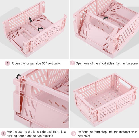 Pink Plastic Baskets for Desk Organizing - 2 Medium + 2 Small Durable Folding Storage Crates for Home & Office