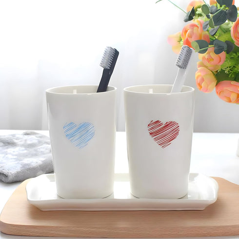 Kelake White Ceramic Tumbler Cup for Bathroom, Toothpaste Toothbrush Holder, 350 ml Blue Heart Couples Cup