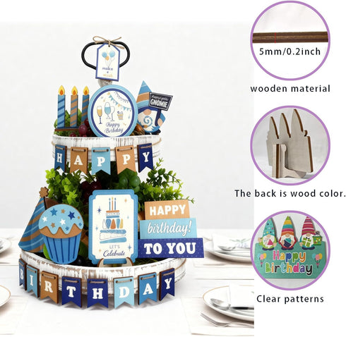 YvSuZeBuDa 24Pcs Set, 2 Wooden Tiered Tray Decor Farmhouse Birthday Decor with Happy Birthday Sign, Rustic Tier Tray