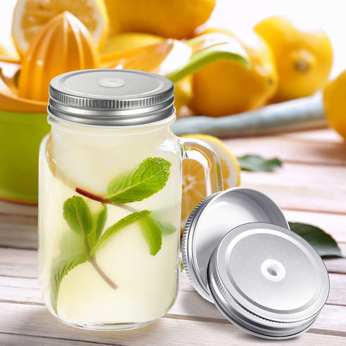 Mudder 8 Pieces Metal Regular Mouth Mason Canning Jar Lids - Leak Proof Reusable Jar with Straw Hole, Silver