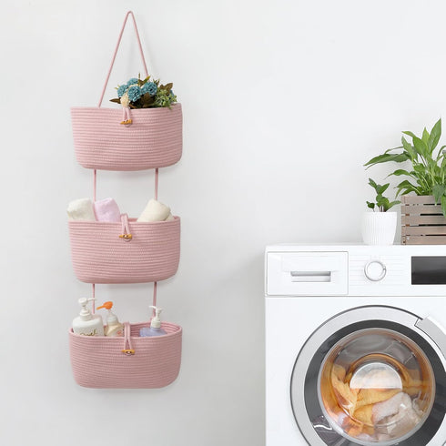 3-Tier TeoKJ Over the Door Hanging Baskets with Button Strap, Woven Cotton Storage Organizer Bag, Wall-Mounted