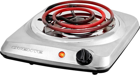 OVENTE Electric Countertop Single Burner, 1000W Cooktop with 6" Stainless Steel Coil Hot Plate, Silver