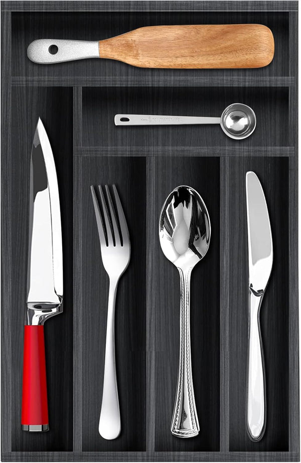 Ayiaren Kitchen Wood Utensil Tray Drawer Organizer, 14.6"x9.5" Black Bamboo Silverware Divider for Flatware and Cutlery