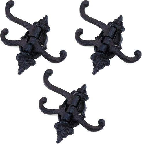 MY MIRONEY Cast Iron Swivel Wall Hook - 3-in-1 Vintage Coat Hook, Heavy Duty Triple Swivel Hook Pack of 3