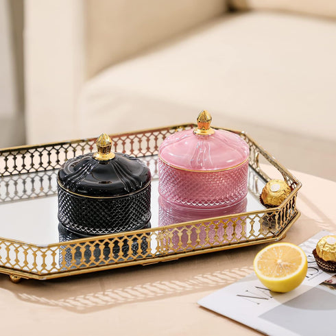 Glass Jewelry Jar, Diamond Faceted Candy Storage Bowl with Lid, Decorative Apothecary Canisters for Kitchen